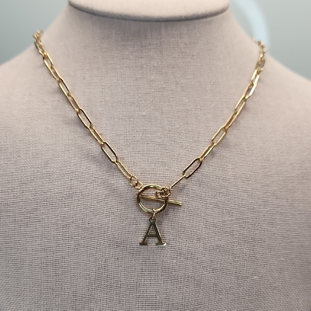 18k Gold Plated Stainless Paperclip Necklace with Toggle and A Initial Pendant